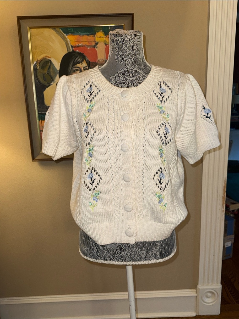 NWOT Rachel Zoe Cream Short-Sleeve Knit Cardigan with Embroidered Detail sz M